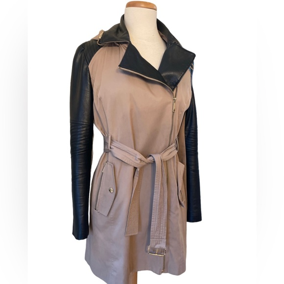 Micheal Kors khaki and faux leather trench coat. lightly worn. - Picture 1 of 4